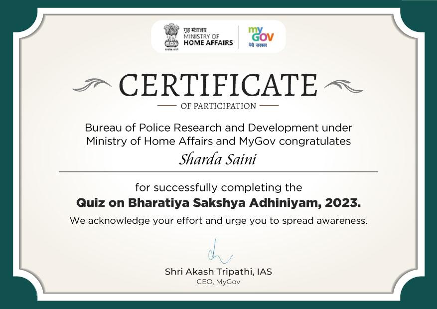 Quiz on Bharatiya Sakshya Adhiniyam 2023 with Certificate