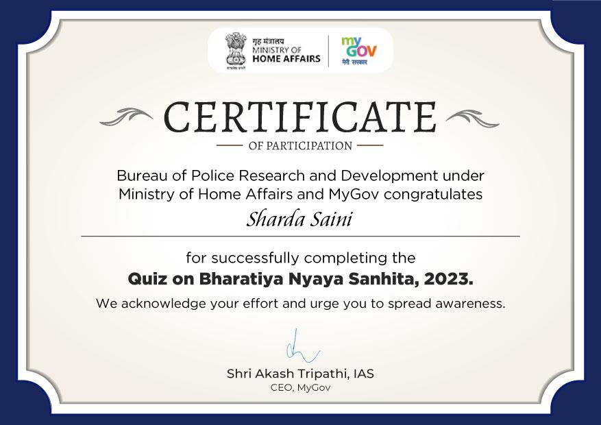 Online Quiz on Bharatiya Nyaya Sanhita 2023 with Certificate