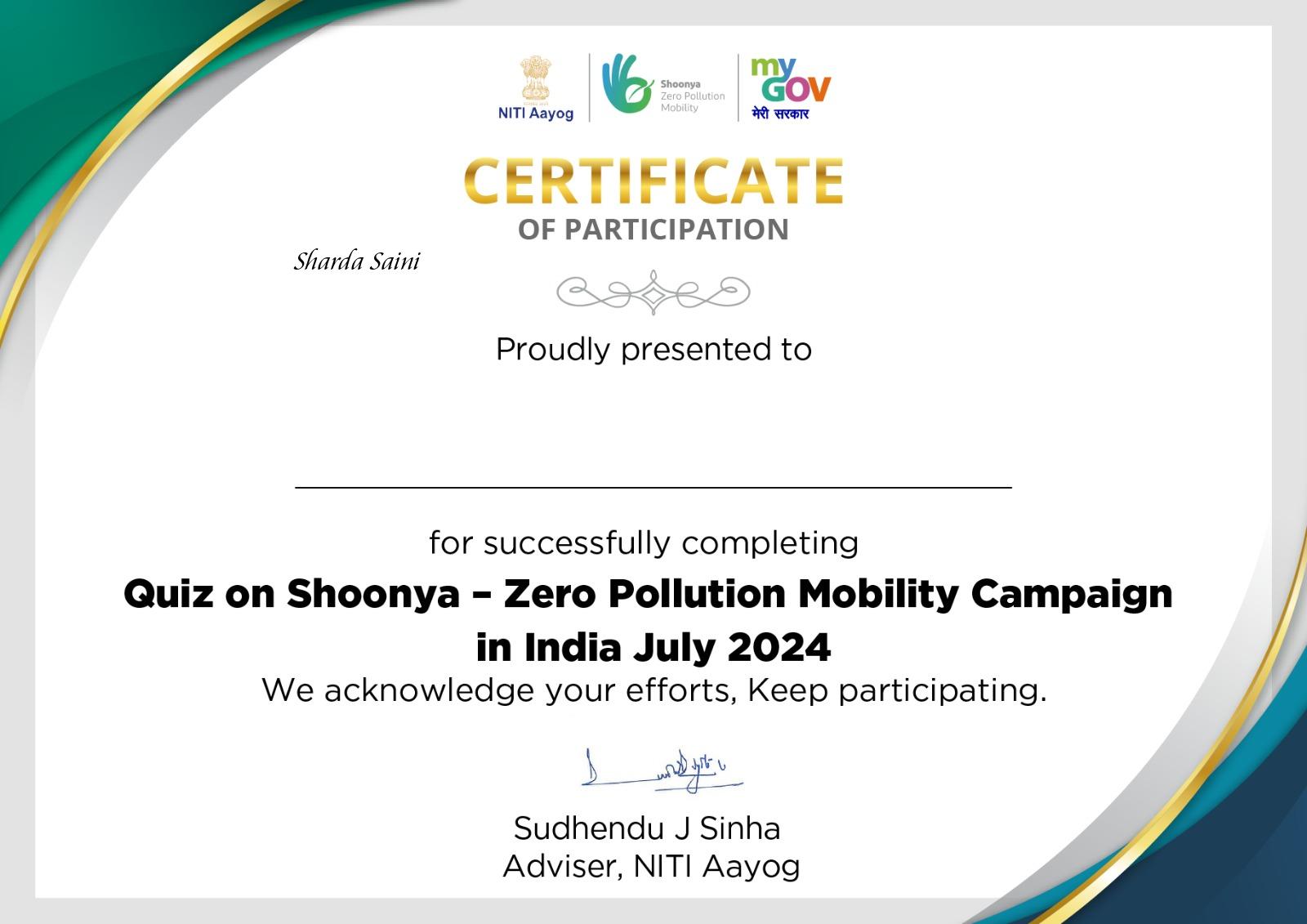 Quiz on Shoonya Zero Pollution Mobility 2024 with Certificate