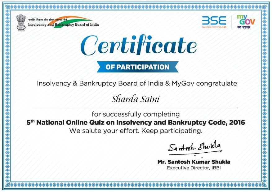 Quiz on Insolvency and Bankruptcy Code 2016 with Certificate