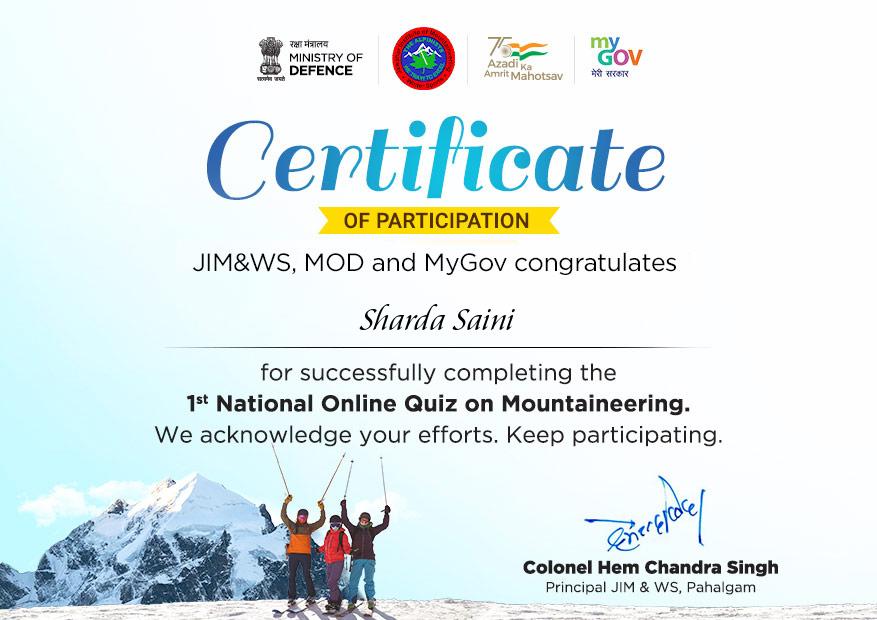 1st National Online Quiz on Mountaineering with Certificate