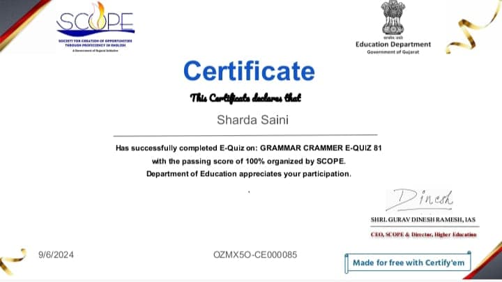 Online E-Quiz Topic - Prepositions with Certificate